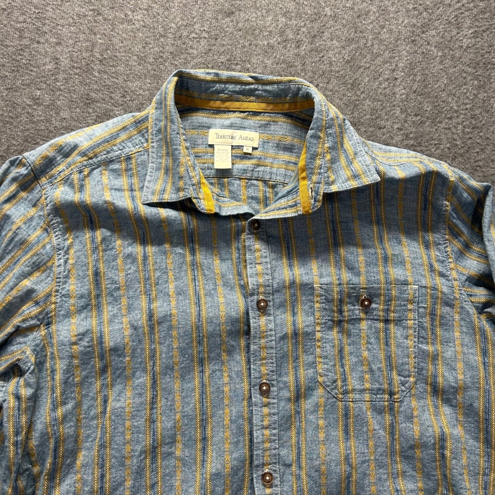 Territory Ahead Men XL Blue Yellow Striped Cotton Linen Long Sleeve Button Shirt